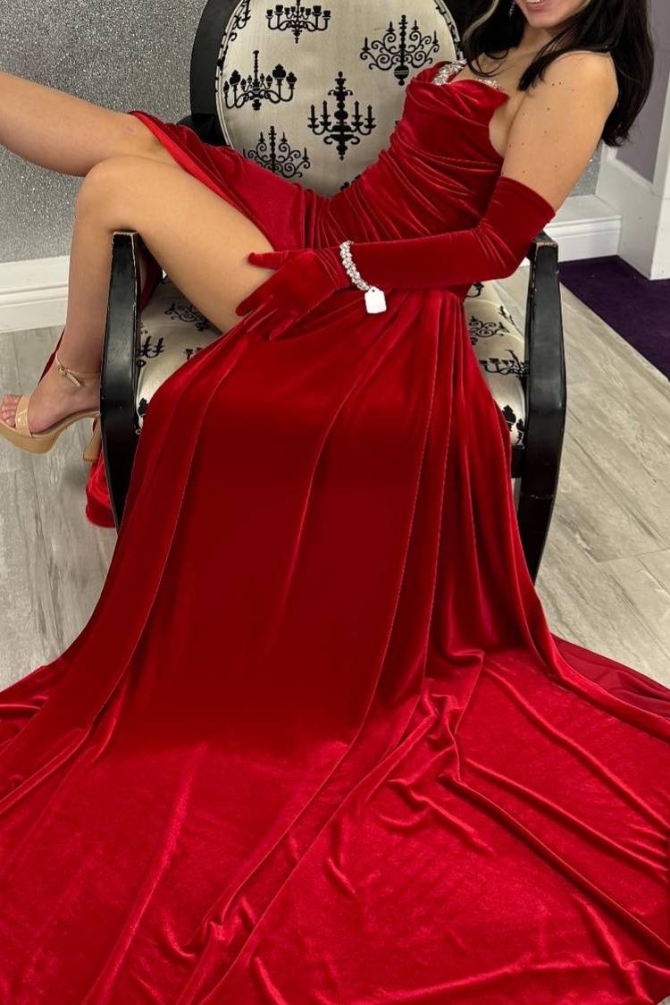 Red Strapless Beaded Velvet Slit Prom Dress with Long Sleeves