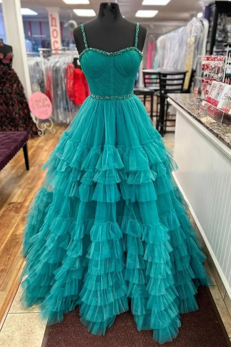 Lavender Straps Beaded Layered A-Line Prom Dress