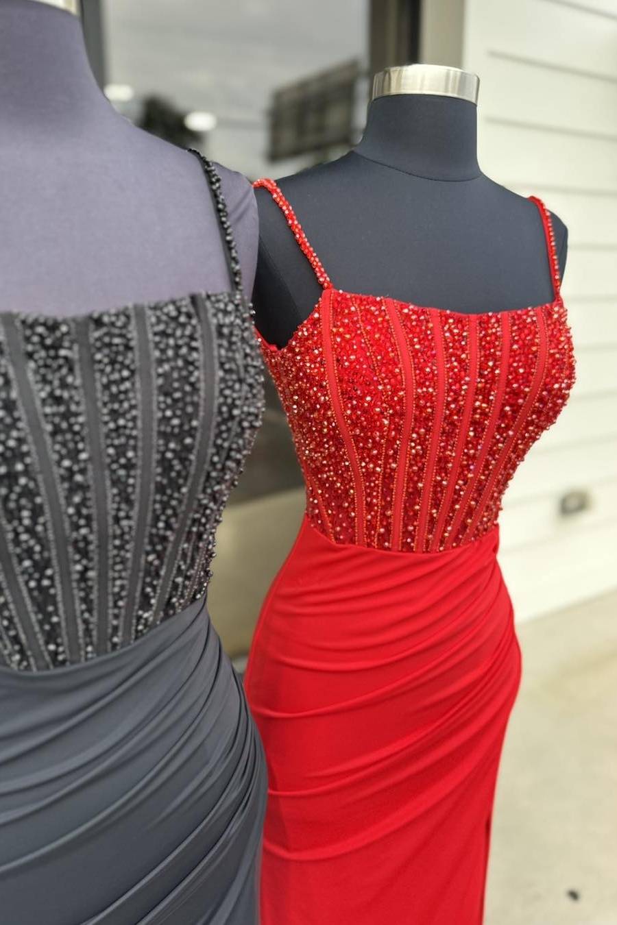 Black Straps Beaded Pleated Satin Slit Prom Dress