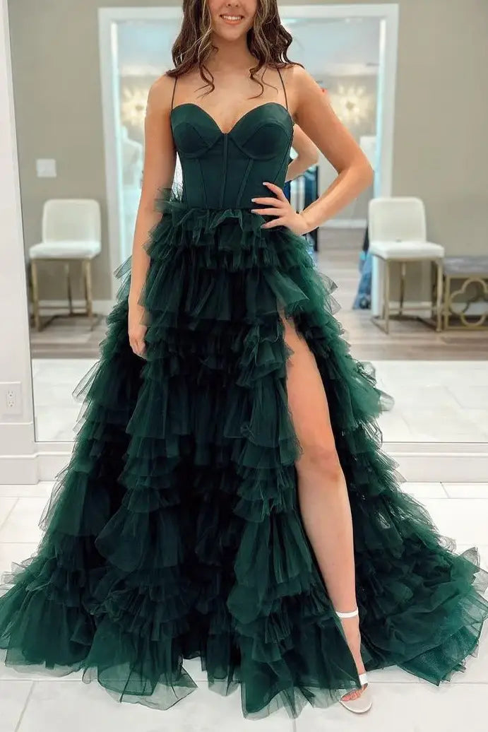 Green Spaghetti Straps Layered Tulle Prom Dress with Slit