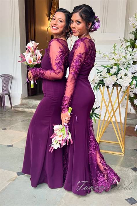 Grape Applique Long Sleeves Mermaid Bridesmaid Dress