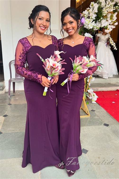 Grape Applique Long Sleeves Mermaid Bridesmaid Dress