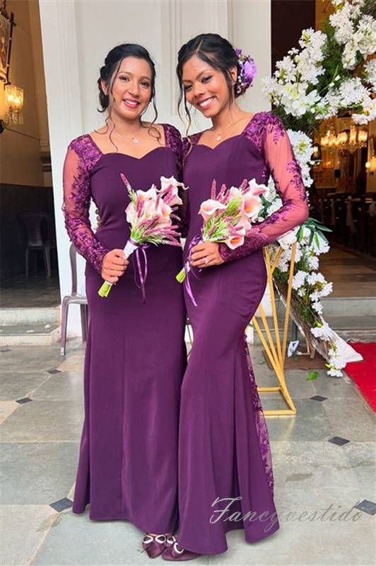 Grape Applique Long Sleeves Mermaid Bridesmaid Dress
