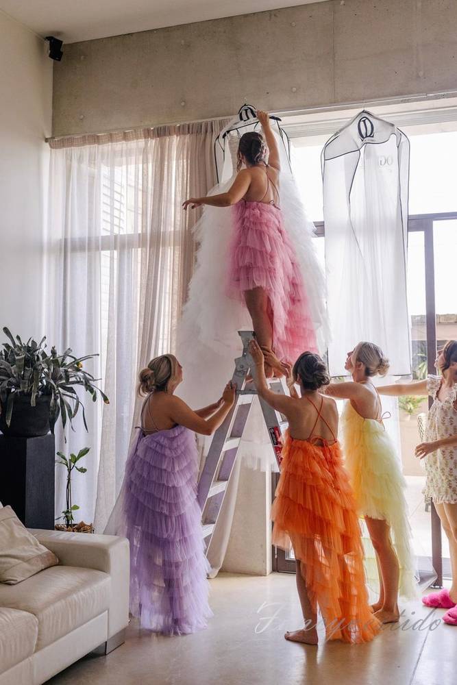 Halter Hot Pink Tulle Layered Bridesmaid Dress