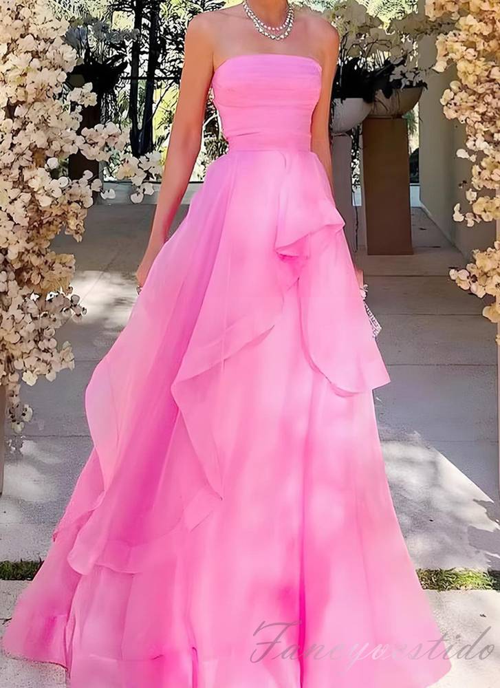 Pink Strapless Multi-Layered A-Line Long Prom Dress