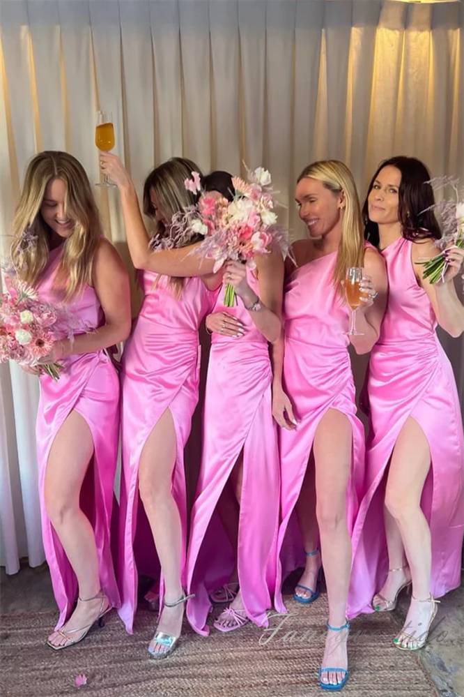 Hot Pink One Shoulder Satin Slit Bridesmaid Dress