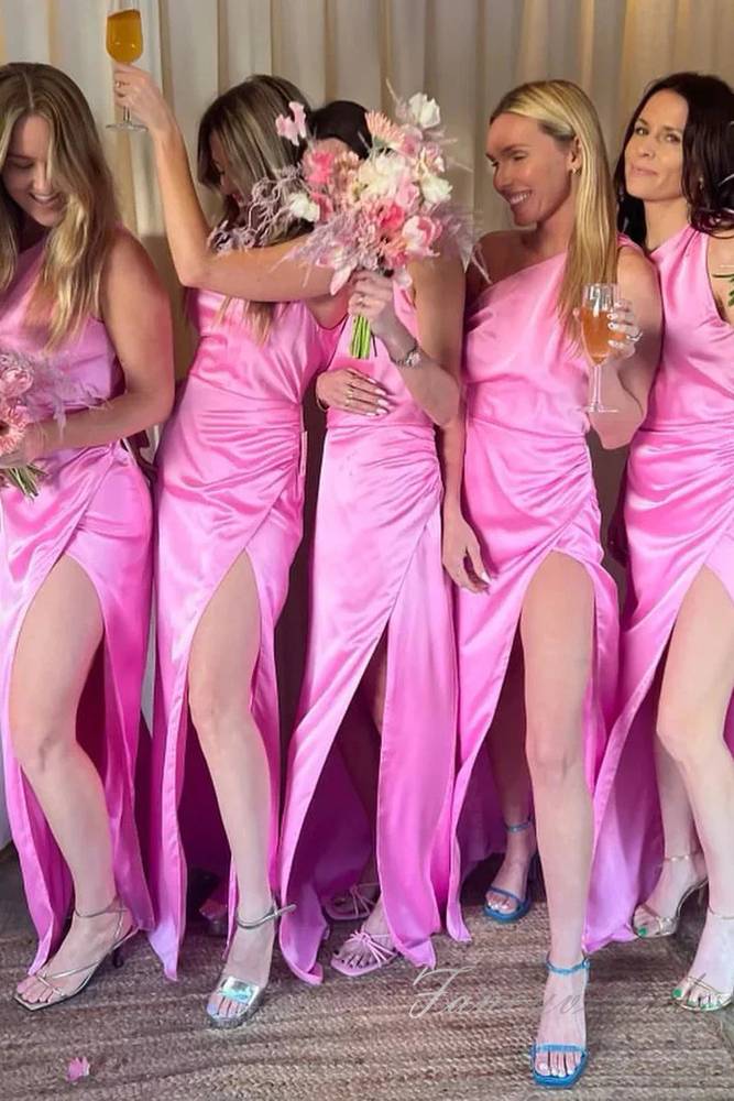Hot Pink One Shoulder Satin Slit Bridesmaid Dress