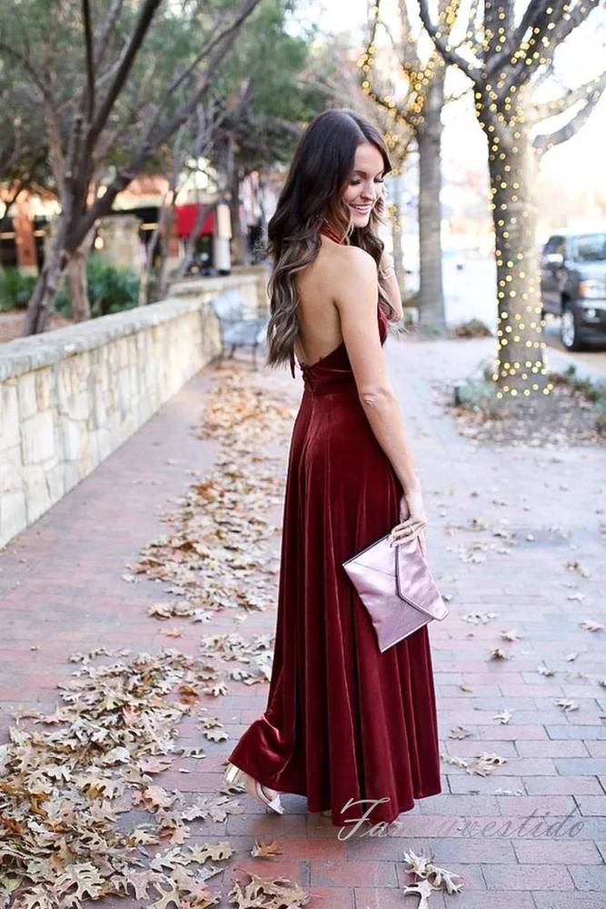 Burgundy Halter A-Line Velvet Bridesmaid Dress