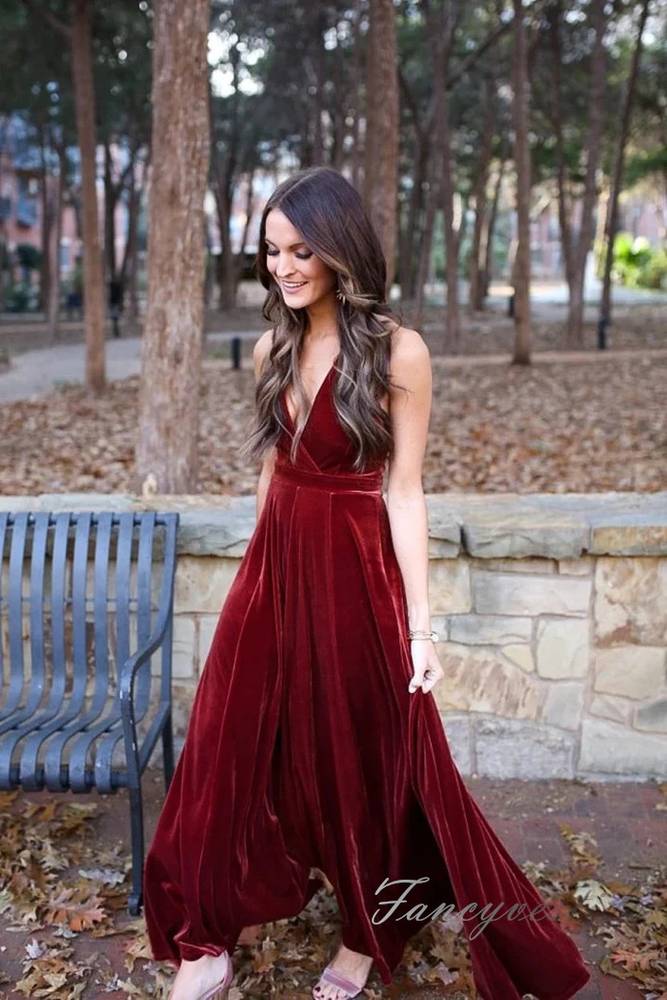 Burgundy Halter A-Line Velvet Bridesmaid Dress