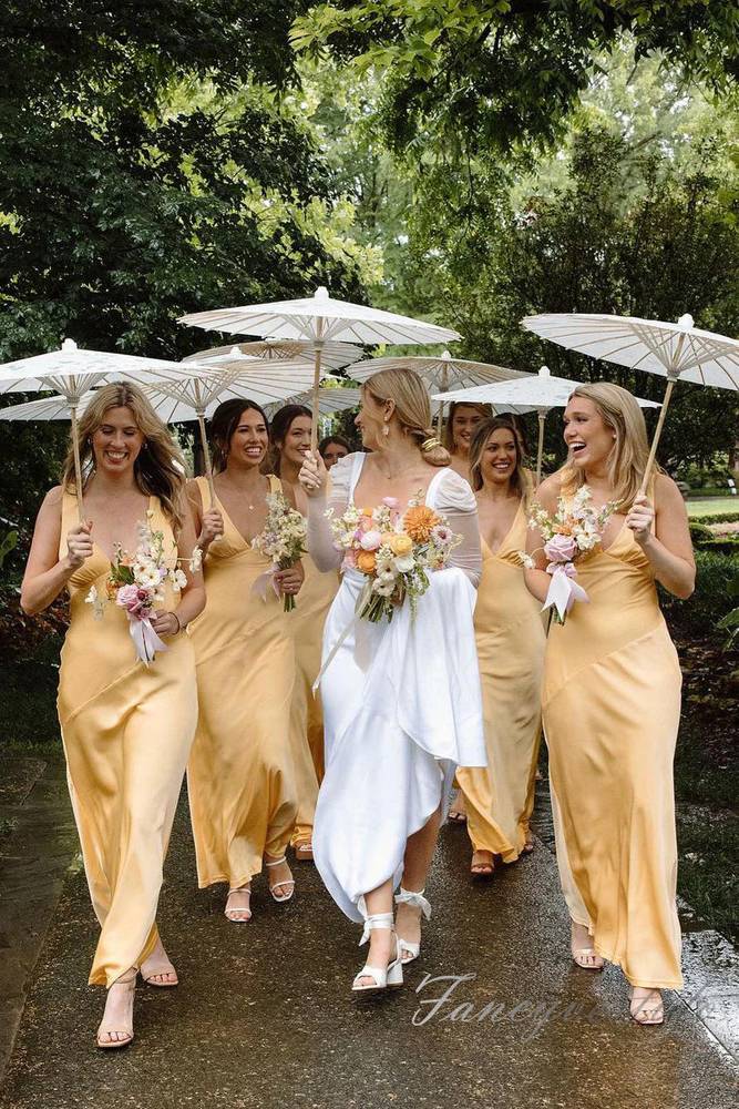 Beaded Strap Chiffon Bridesmaid Dress with V-neck Gold Plus Size