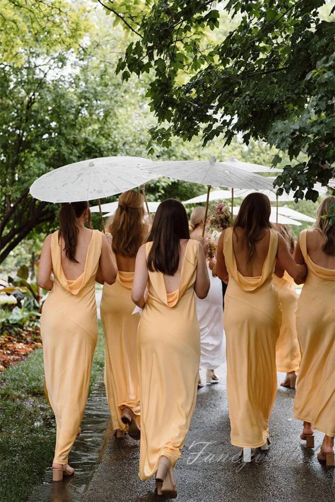 Gold V-Neck Satin Long Bridesmaid Dress with Ruffle Back