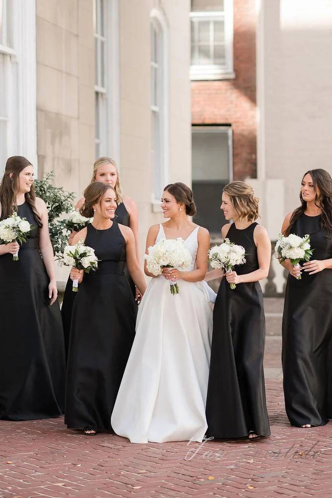 Crew Neck Black Satin Long Bridesmaid Dress