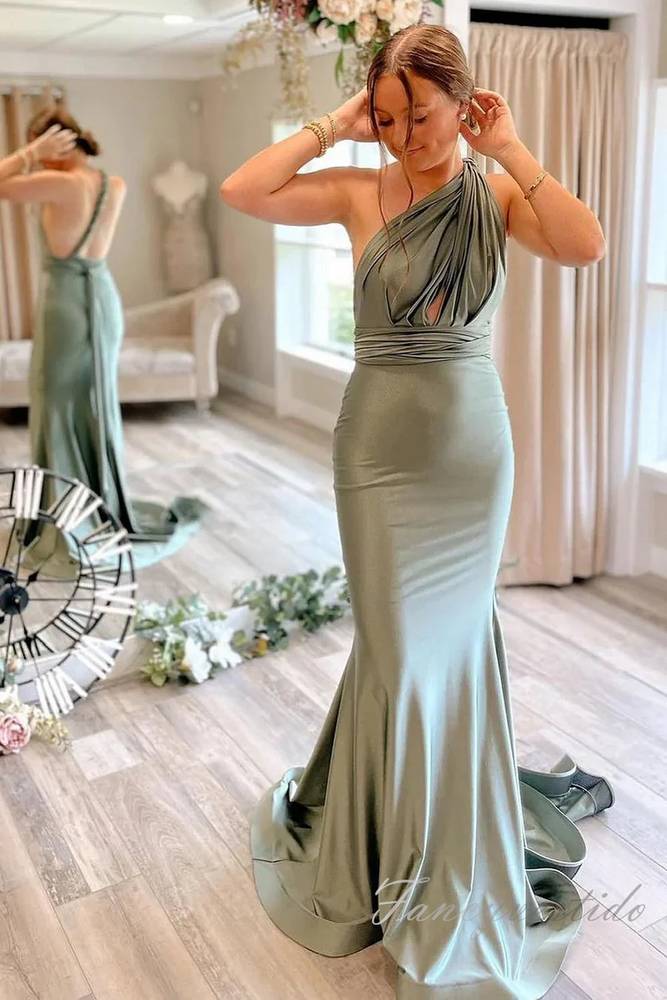 Convertible Green Satin Mermaid Long Bridesmaid Dress  FancyVestido