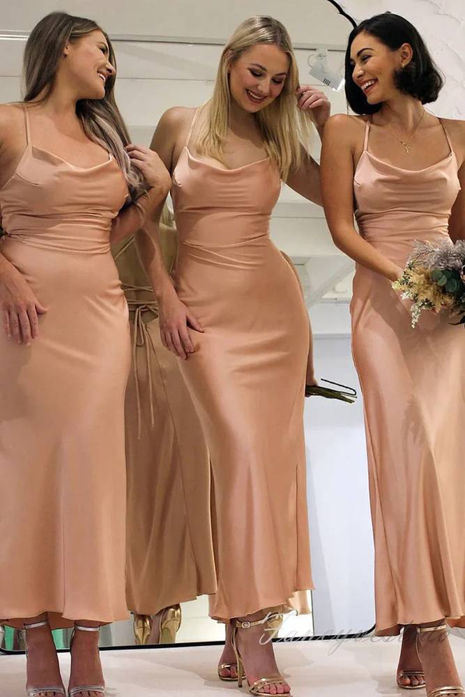 Dusty Pink Straps Satin Bridesmaid Dress with Lace-up