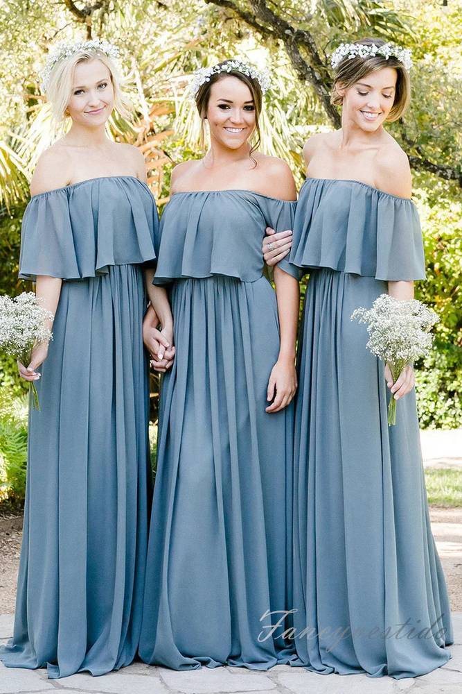 Dusty Blue Chiffon Long Bridesmaid Dress with Off Shoulder