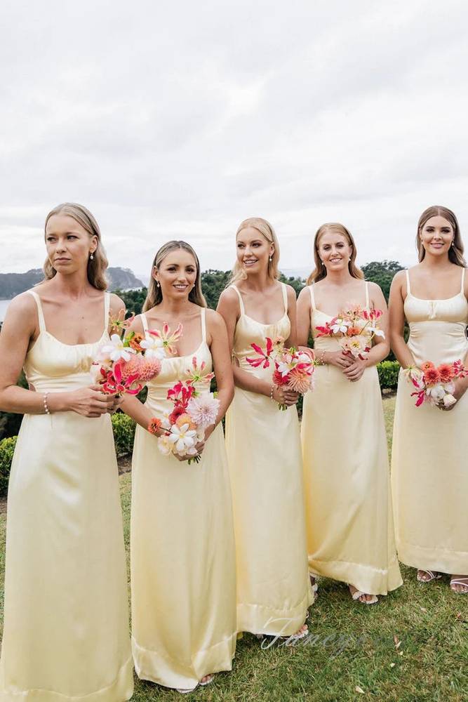 Light Yellow Straps Satin Long Bridesmaid Dress