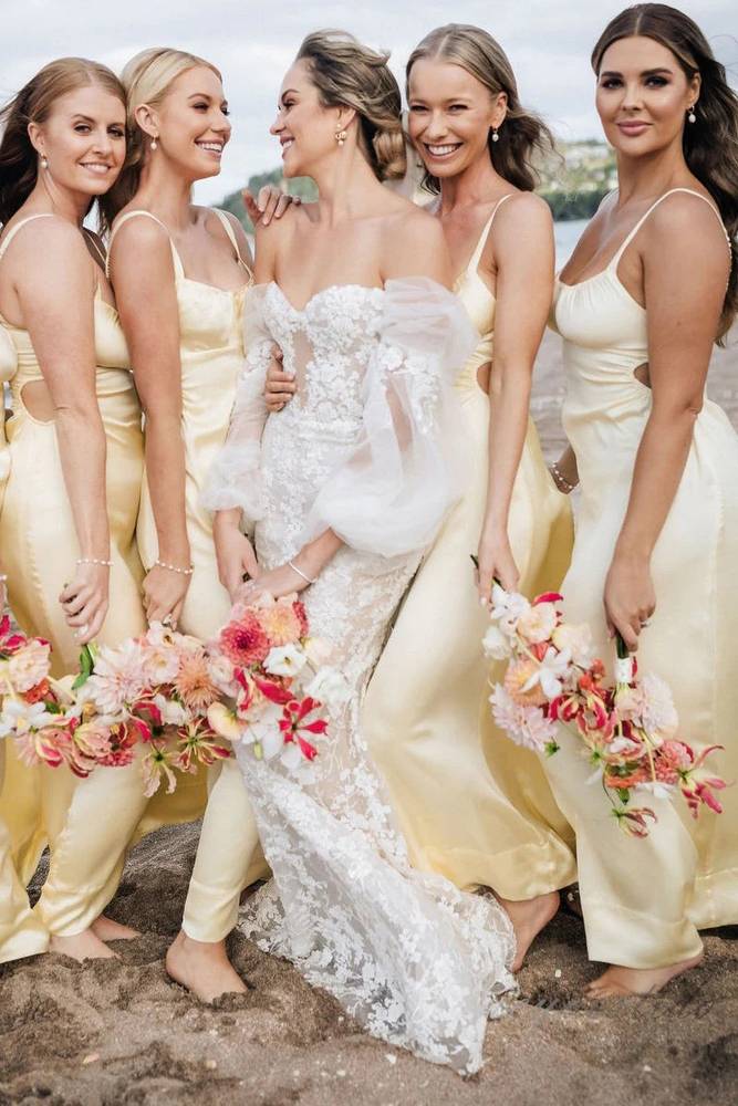 Light Yellow Straps Satin Long Bridesmaid Dress