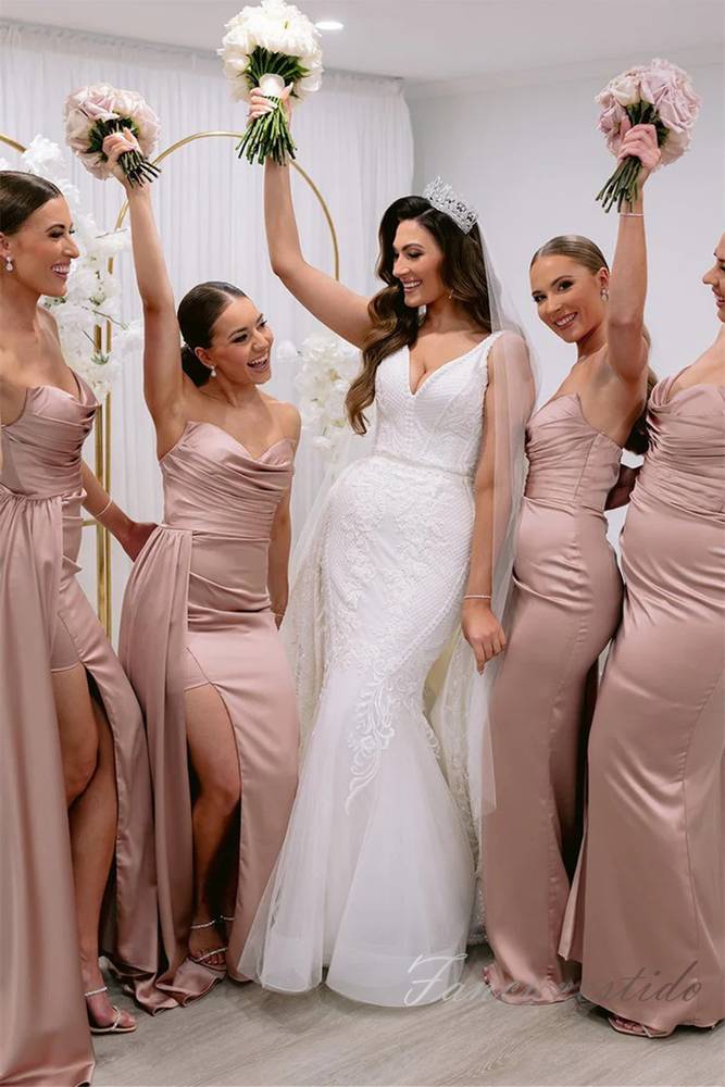 Dusty Pink Strapless Satin Long Bridesmaid Dress with Train