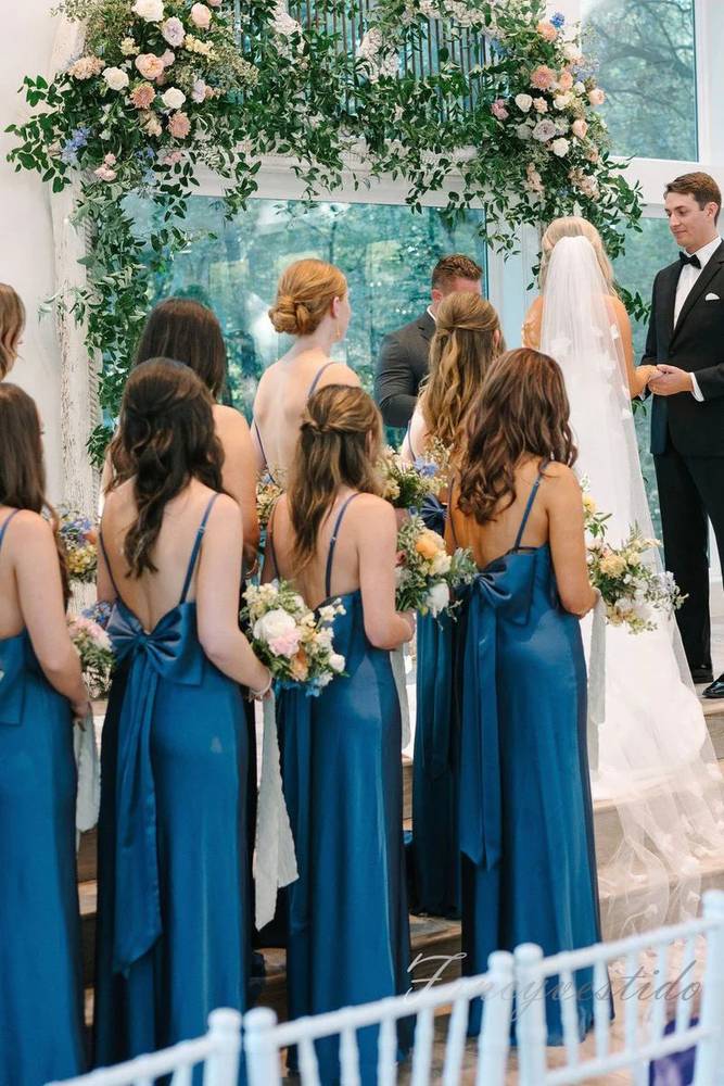 Blue Straps Satin Slit Bridesmaid Dress with Bow