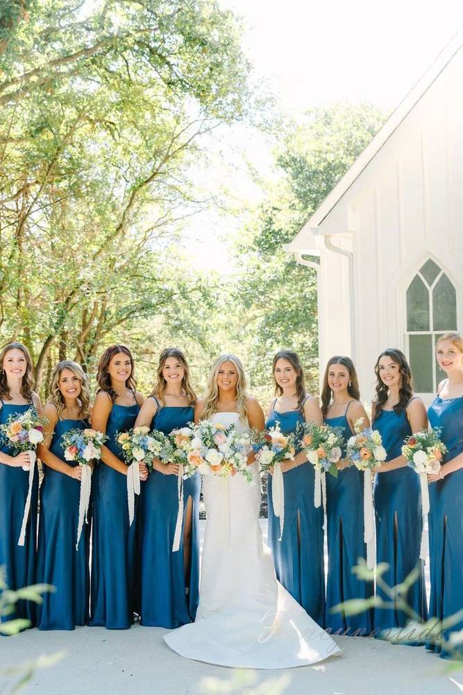 Blue Straps Satin Slit Bridesmaid Dress with Bow