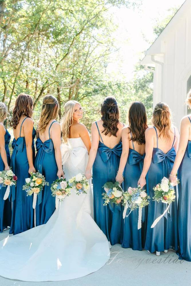Blue Straps Satin Slit Bridesmaid Dress with Bow