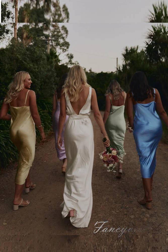 Spaghetti Straps Blue Satin Bridesmaid Dress with Plunging Neck