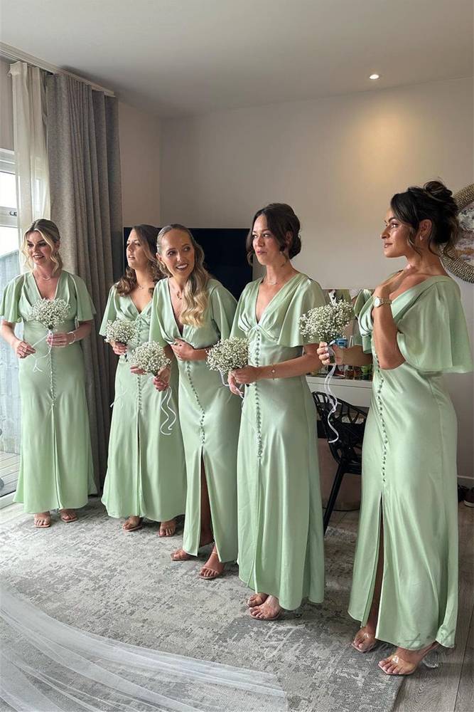 Green V-Neck Satin Slit Bridesmaid Dress with Flutter Sleeves