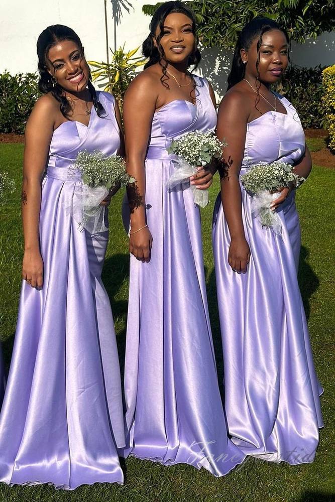 Purple One Shoulder Satin Long Bridesmaid Dress