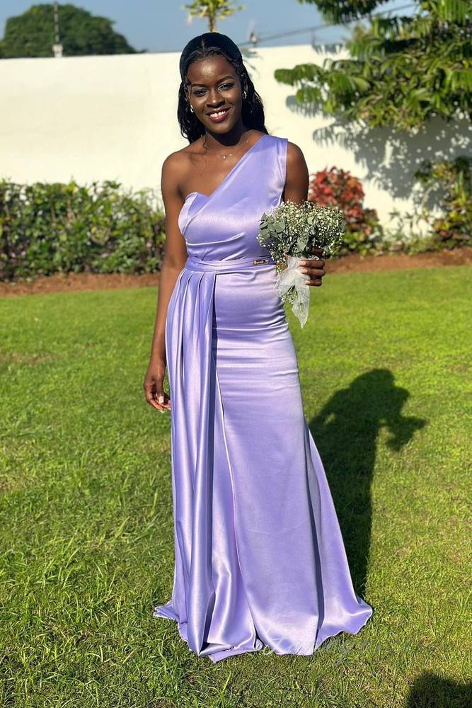 Purple One Shoulder Satin Long Bridesmaid Dress