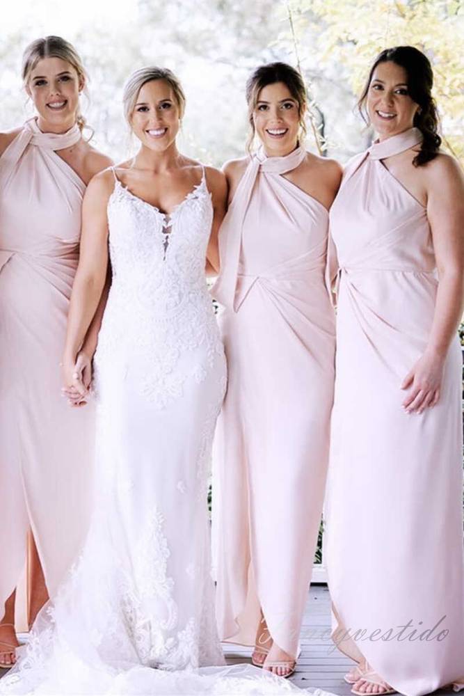 Halter Asymmetrical Pink Satin Long Bridesmaid Dress