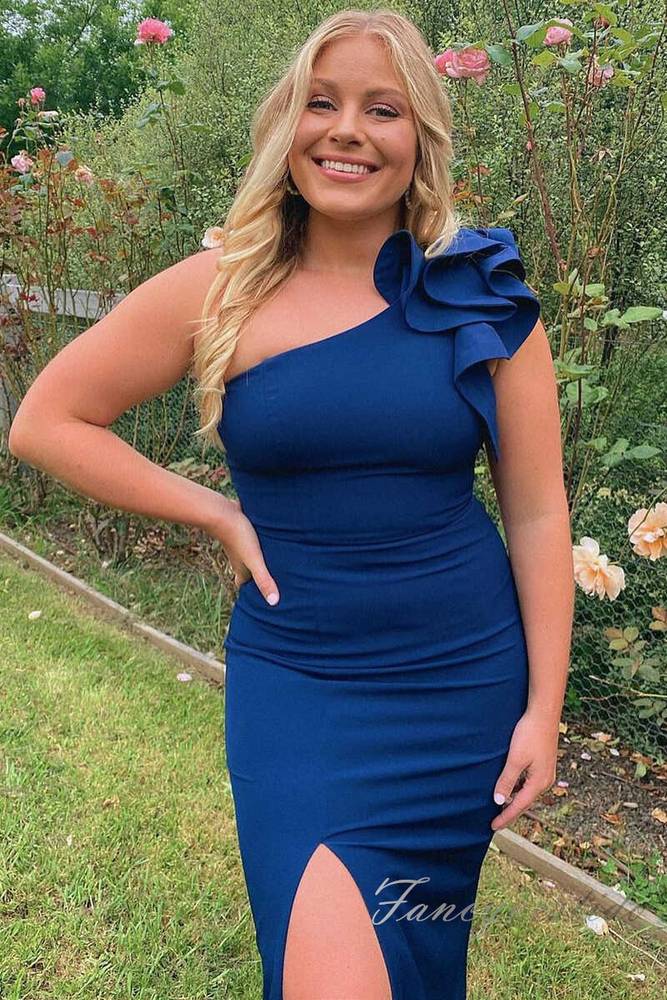 Blue One Shoulder Satin Long Bridesmaid Dress with Slit