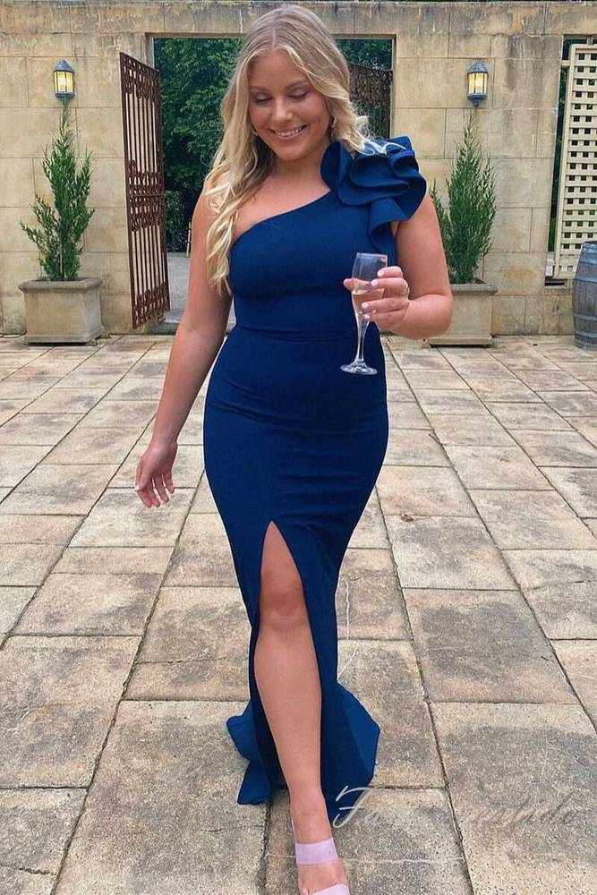 Blue One Shoulder Satin Long Bridesmaid Dress with Slit