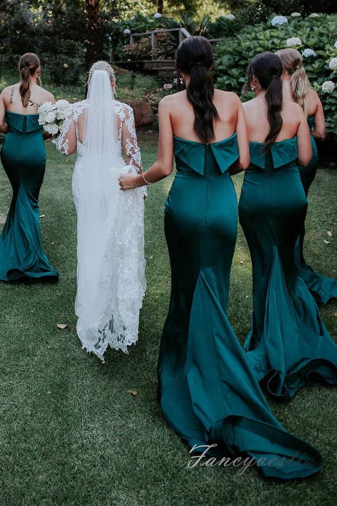 Blue Strapless Pleated Satin Long Bridesmaid Dress