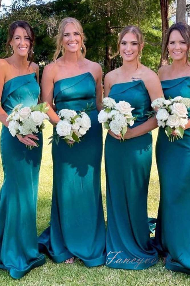 Blue Strapless Pleated Satin Long Bridesmaid Dress