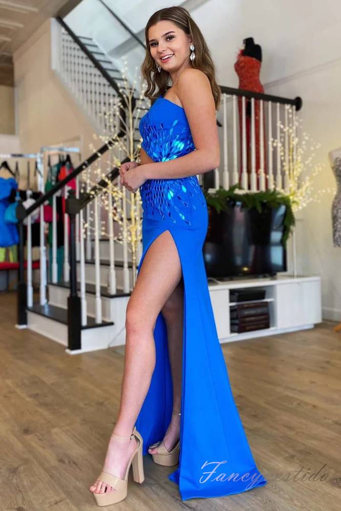 One Shoulder Mirror Sequin Mermaid Prom Dress with Slit