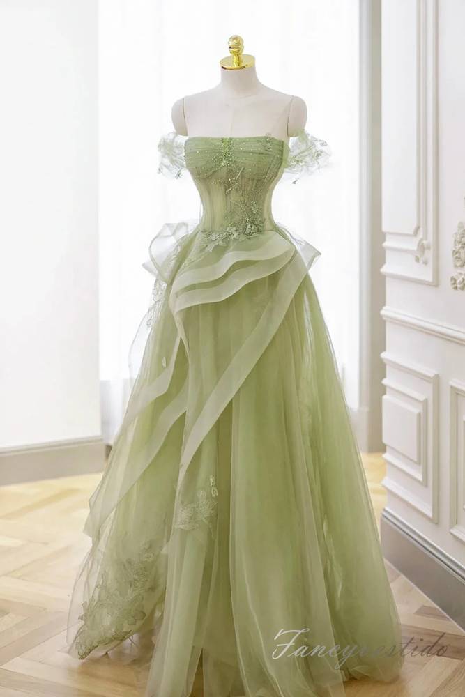 Elegant Sage Applique Ruffle Tulle Prom Dress with Off Shoulder