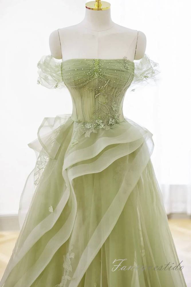 Elegant Sage Applique Ruffle Tulle Prom Dress with Off Shoulder