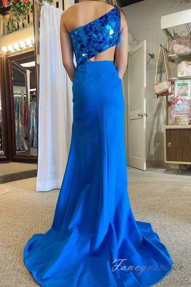 Royal Blue Sequin Mermaid Slit Prom Dress with One Shoulder
