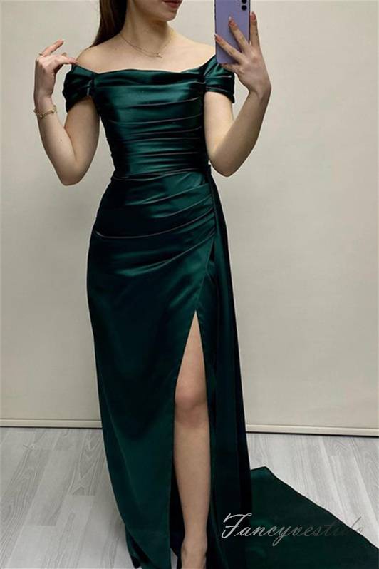 Red Pleated Mermaid Slit Prom Dress with Off Shoulder