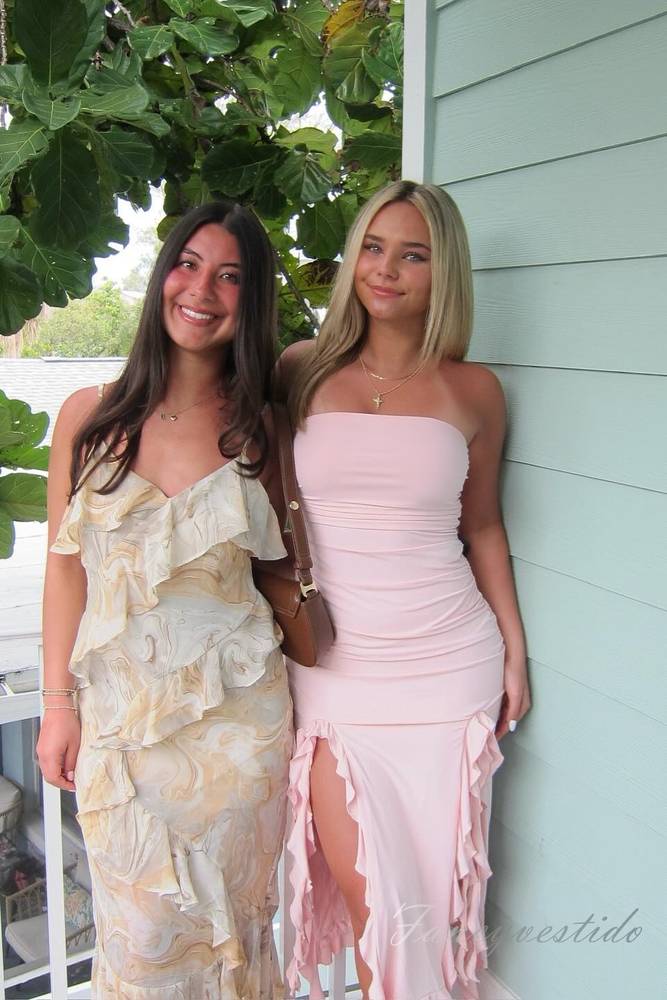 Strapless Pink Layered Ruffle Dress with High Slit