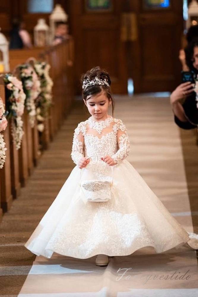 White Applique Sequin A-Line Flower Girl Dress with Long Sleeves