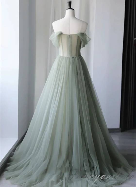 Grey Applique Tulle A-Line Prom Dress with Off Shoulder