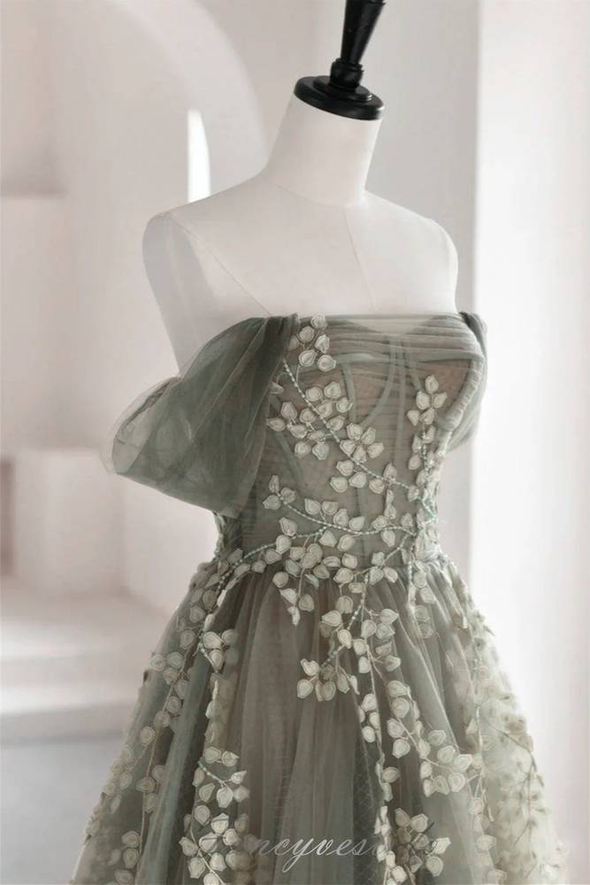 Off Shoulder Grey Floral Applique A-Line Prom Dress