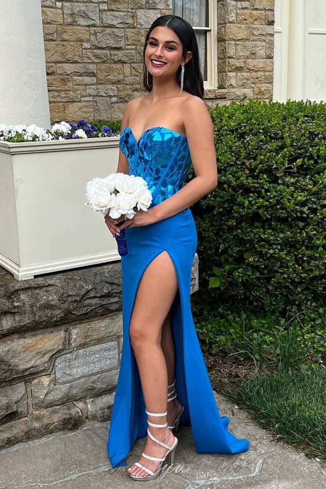 Strapless Blue Mirror Sequin Top Mermaid Prom Dress with Slit