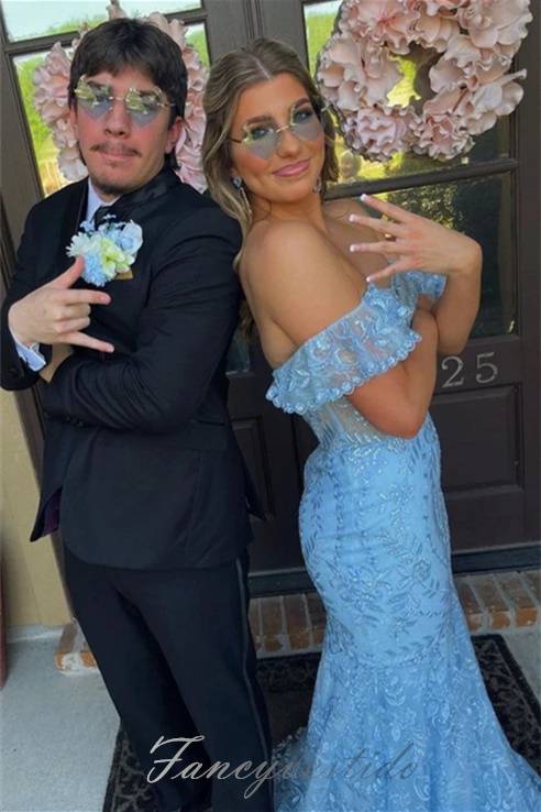 Blue Off the Shoulder Lace Applique Mermaid Prom Dress