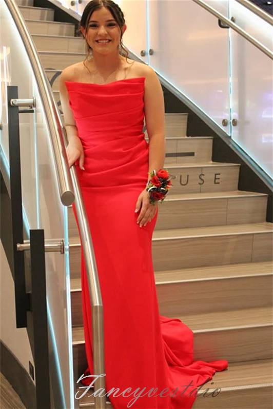 Strapless Yellow Ruched Mermaid Long Evening Dress