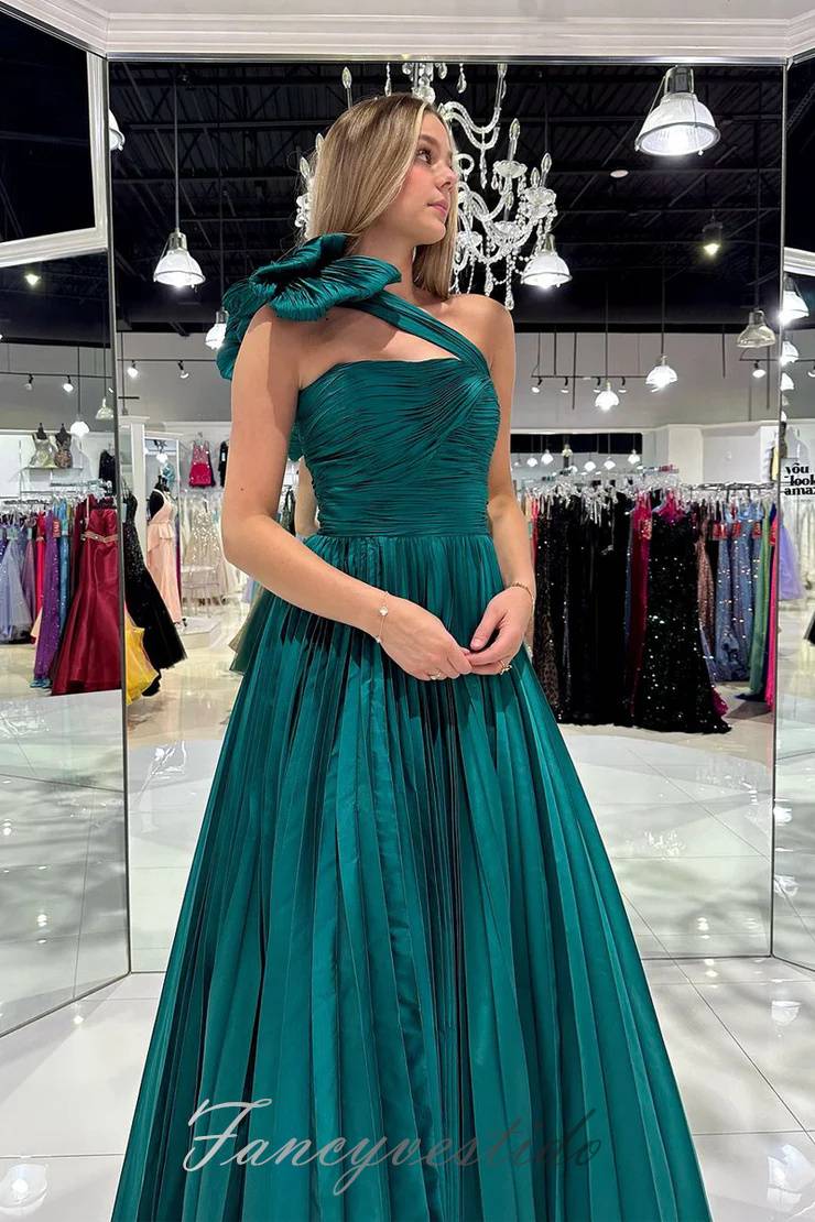Teal One Shoulder Pleated A-Line Prom Dress with Bow