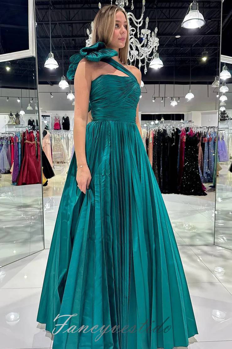 Teal One Shoulder Pleated A-Line Prom Dress with Bow