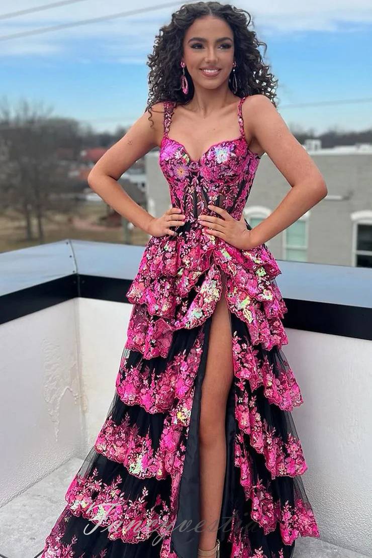 Off the Shoulder Lace Applique Ruffle Prom Dress with Slit