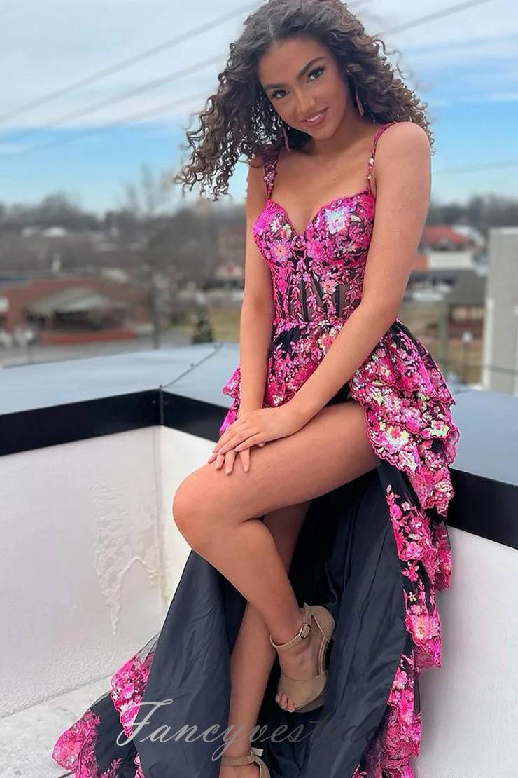 Off the Shoulder Lace Applique Ruffle Prom Dress with Slit